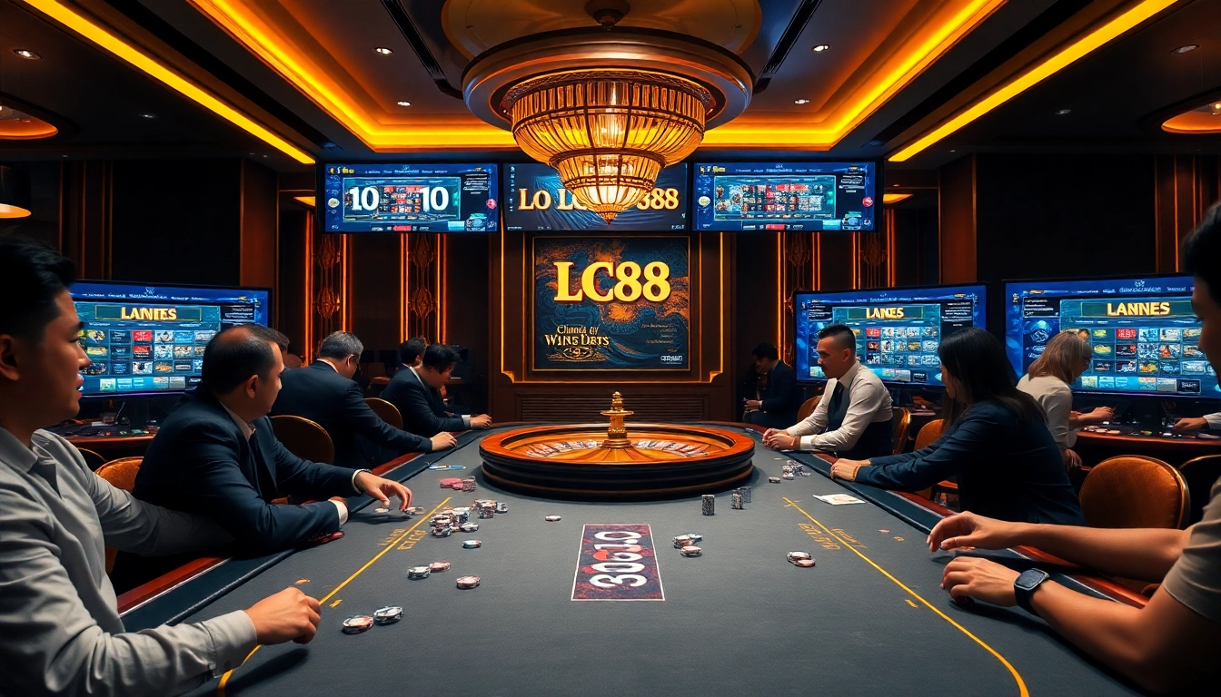 Engaging scene of players winning at lc88 casino games with poker chips and roulette.