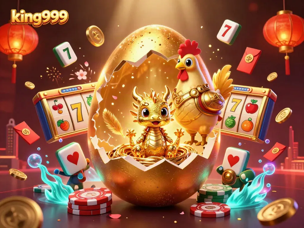 Permainan king999: Ilustrasi slot dan naga emas yang menampilkan keseruan kasino