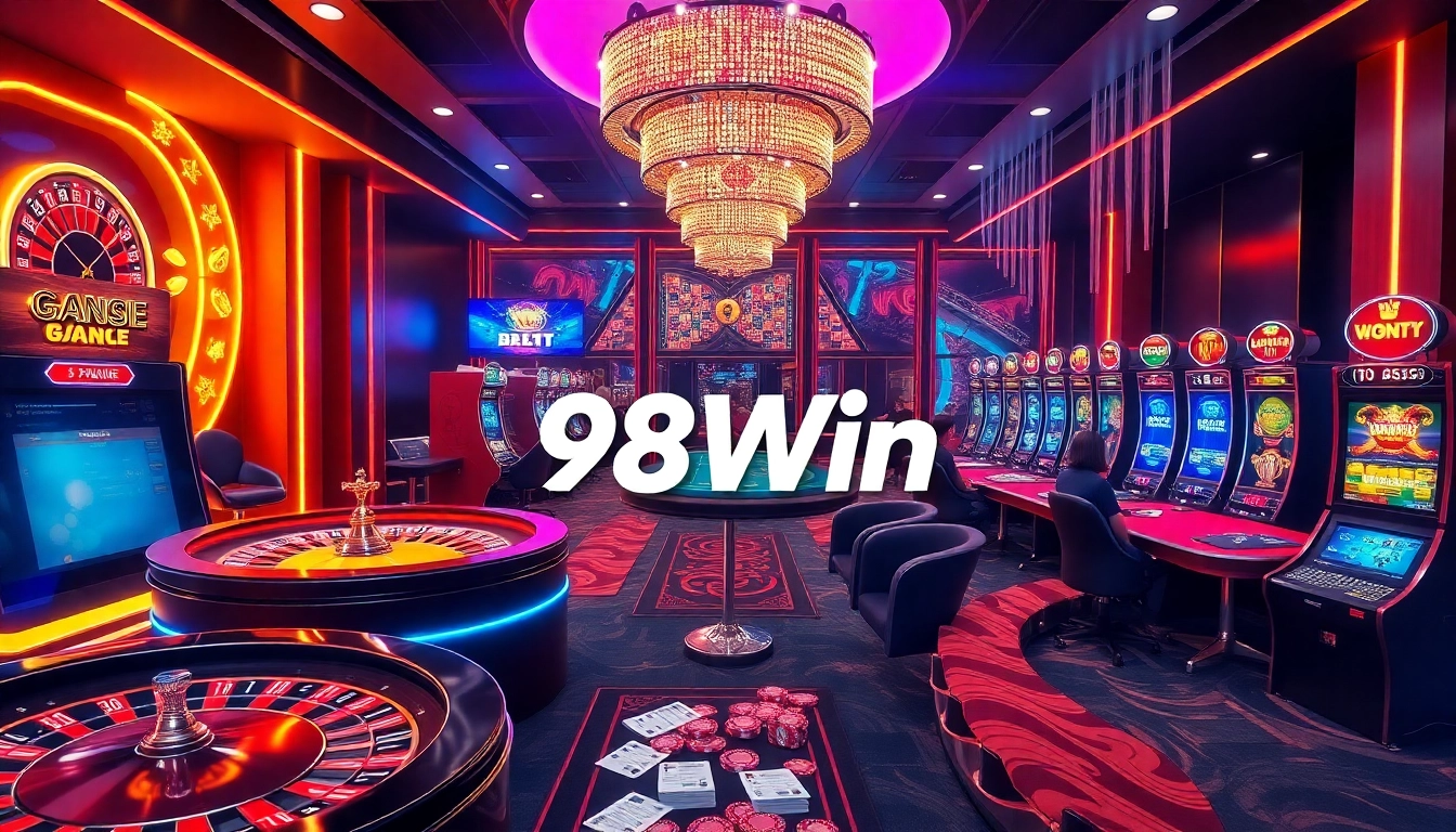 Experience thrilling gameplay at 98Win, featuring vibrant casino action with roulette wheels and slot machines.