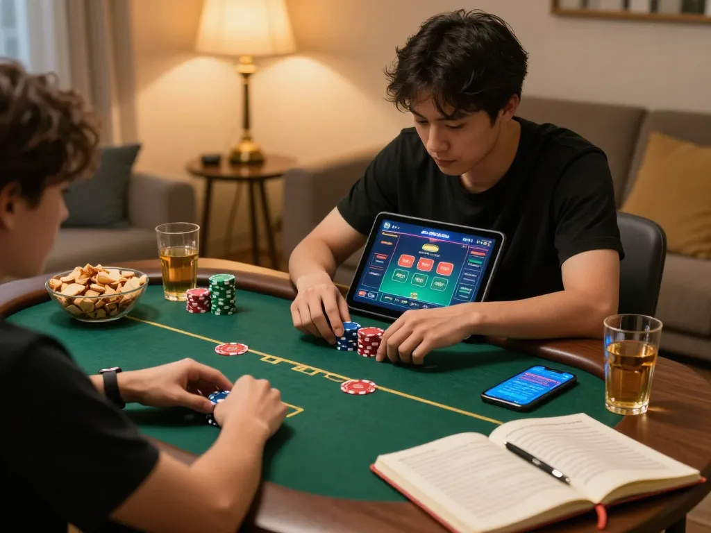 Gamer immersed in online poker gaming on fly88 com tablet, highlighting strategic play and cozy environment