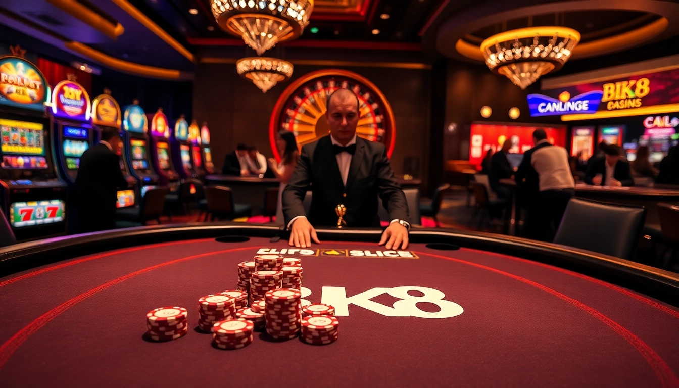 BK8 branded poker table in a vibrant casino environment with players enjoying various games.