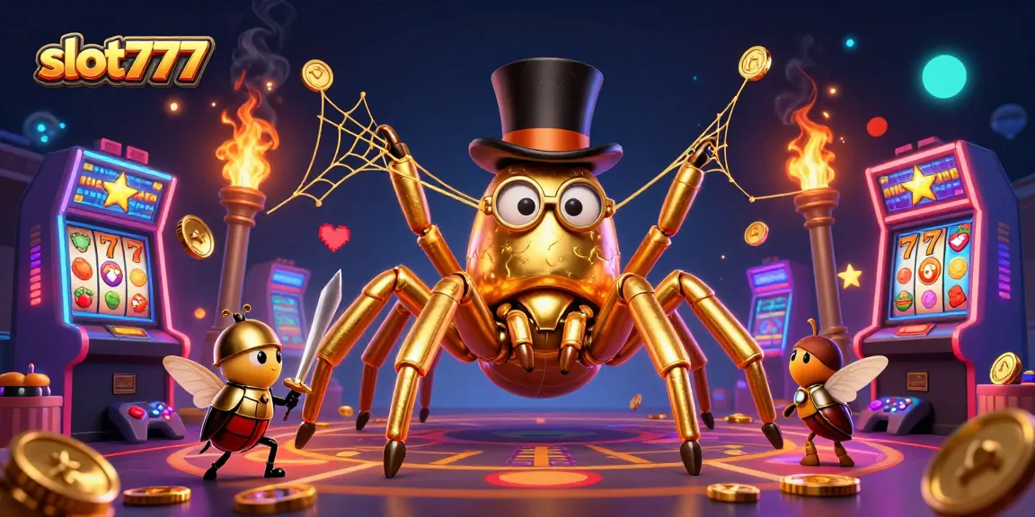 Experience slot777 excitement as a golden tarantula weaves through colorful slot machines.