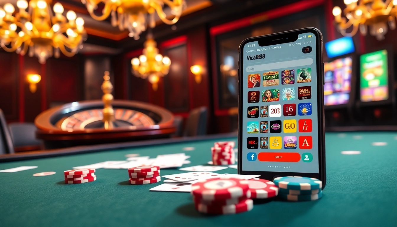 Experience the excitement of gambling with viral88, featuring a luxurious poker table and roulette wheel.