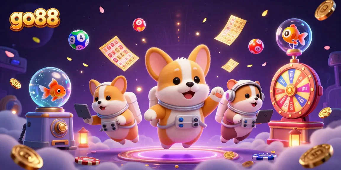 Experience go88's vibrant online gaming world with an astronaut corgi and exciting casino elements.