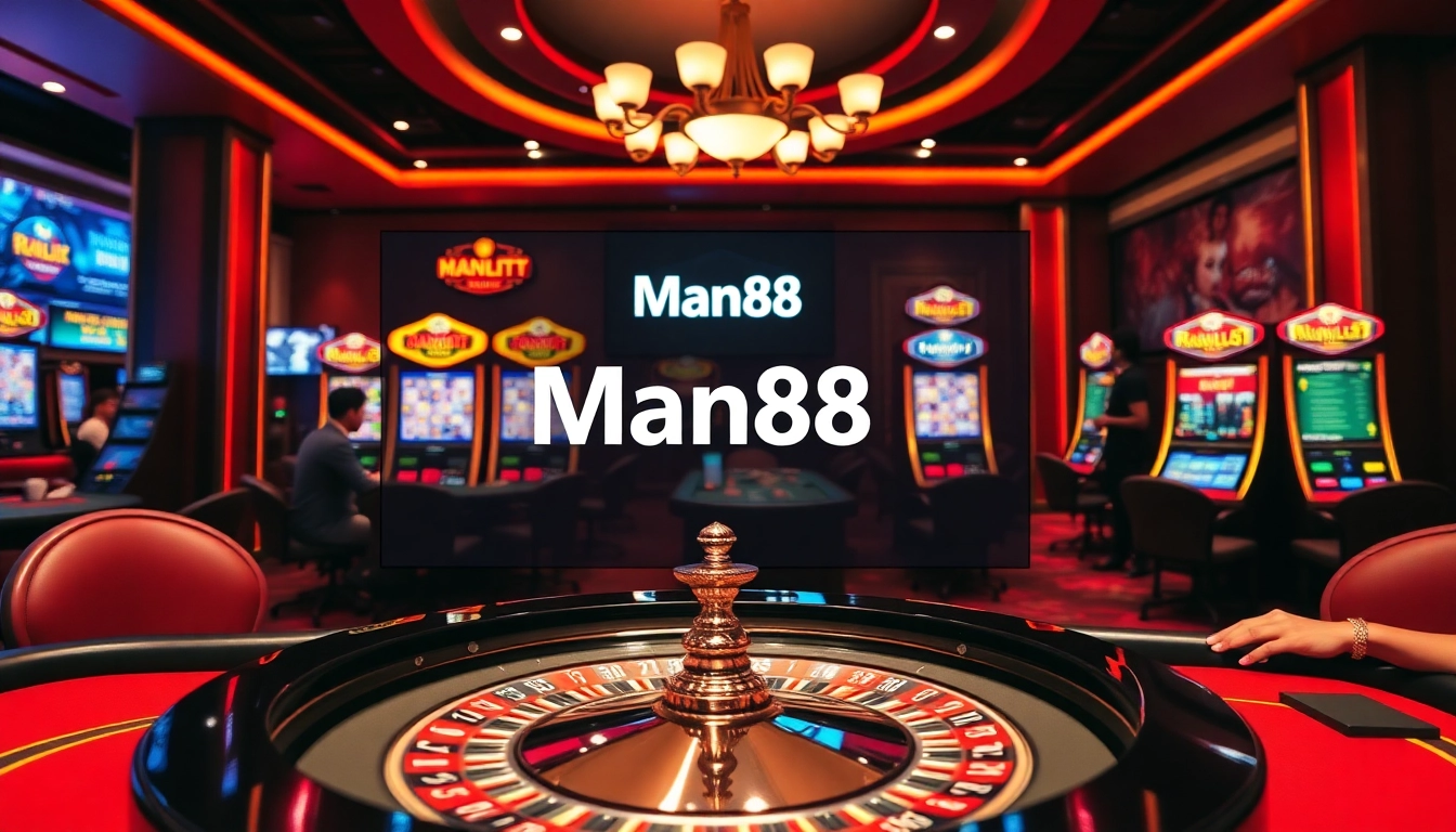 Players immerse in an exciting gaming experience at Man88 casino with roulette and slot machines.