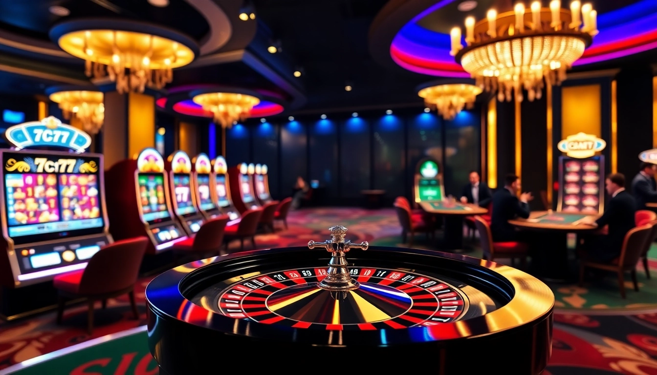 Experience the excitement of 7C77 casino with vibrant slot machines and a spinning roulette wheel.