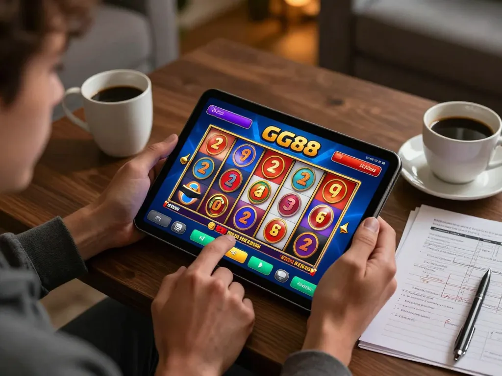 Player engaged in online gaming on link gg88 app, showcasing colorful slot reels and cozy home setup.