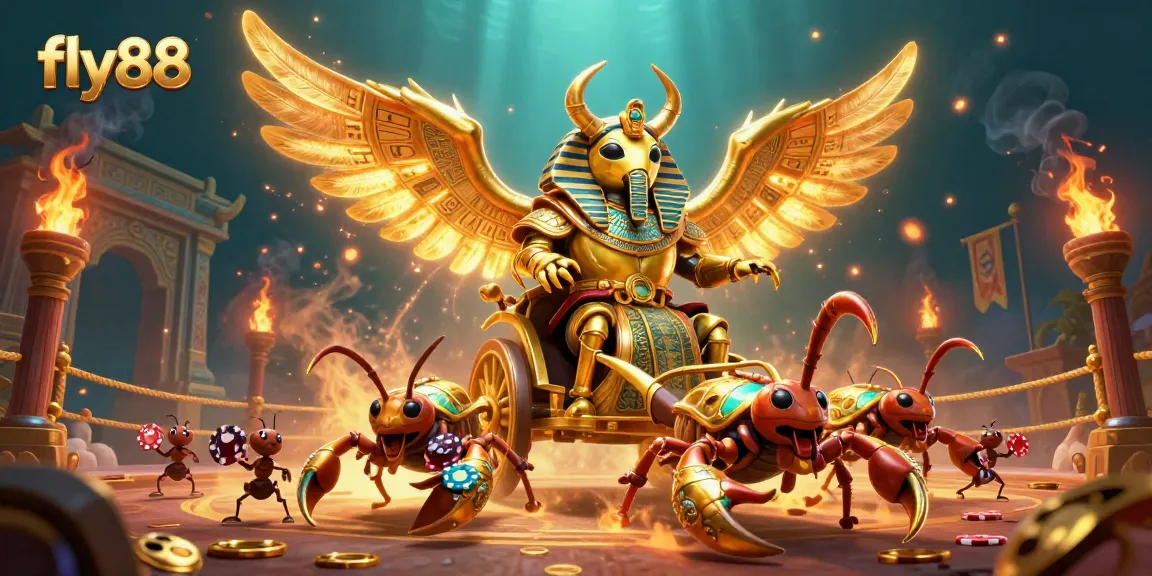 Experience thrilling action with fly88's vibrant casino games featuring a golden scarab beetle and scorpions.