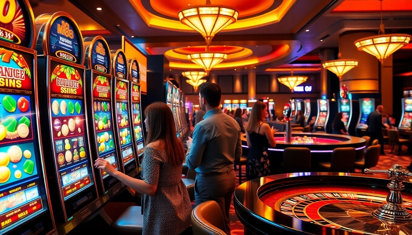 Players engaging with M88 slot machines and roulette tables in an upscale casino.