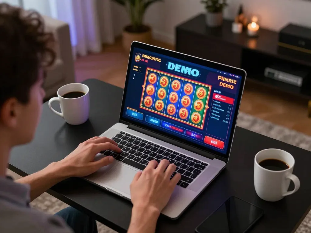 Engaging in Pragmatic Demo slots gameplay on a stylish laptop in a cozy home environment.