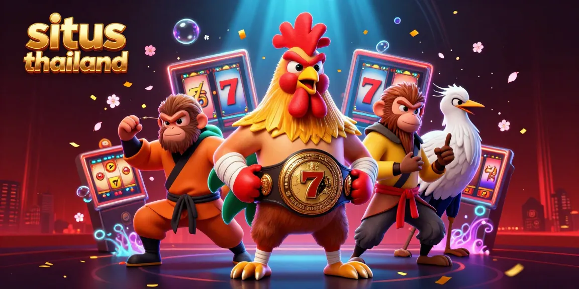 Situs Thailand showcases vibrant slot action with a rooster, monkey, and crane in a dynamic casino scene.