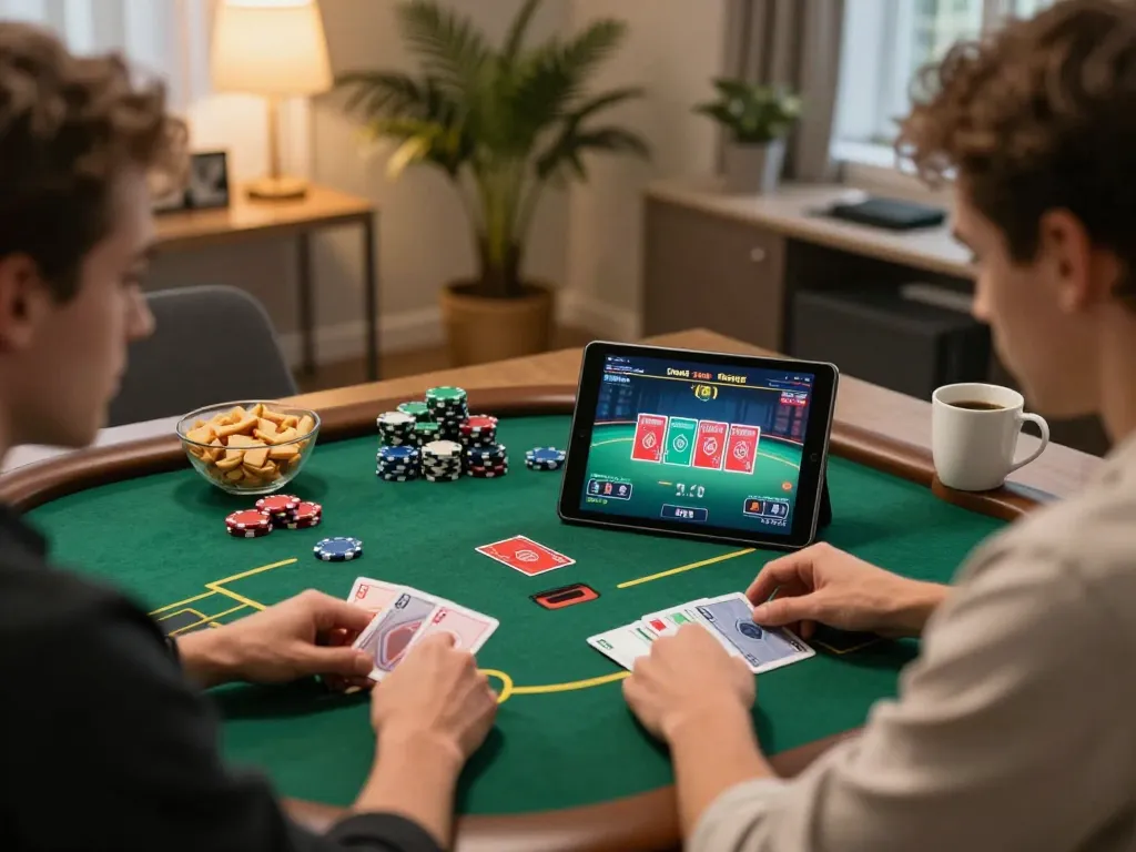 Player engaged in MM99 Đăng Nhập while enjoying strategic online poker game at home.