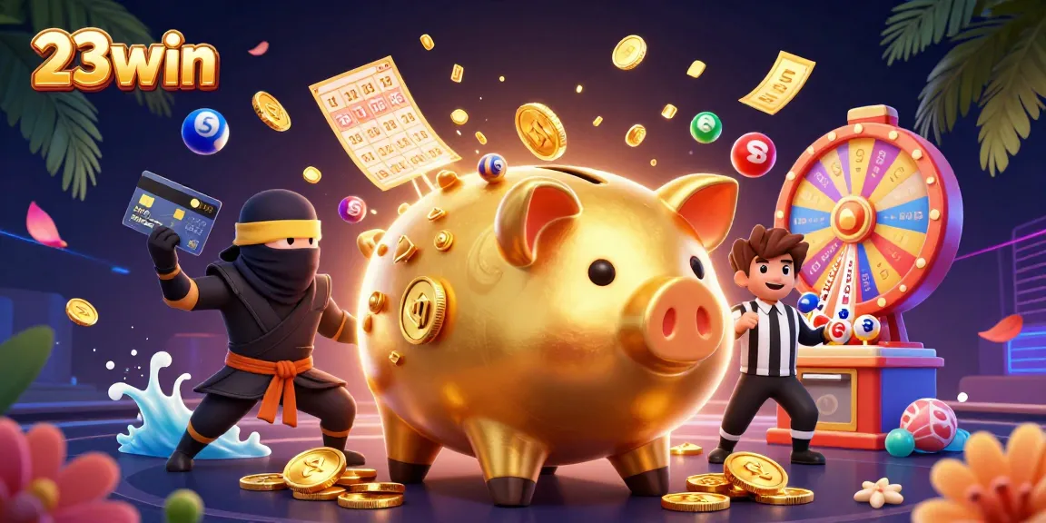 Experience the excitement of 23win with dynamic lottery elements and a golden piggy bank character in this vibrant casino illustration.