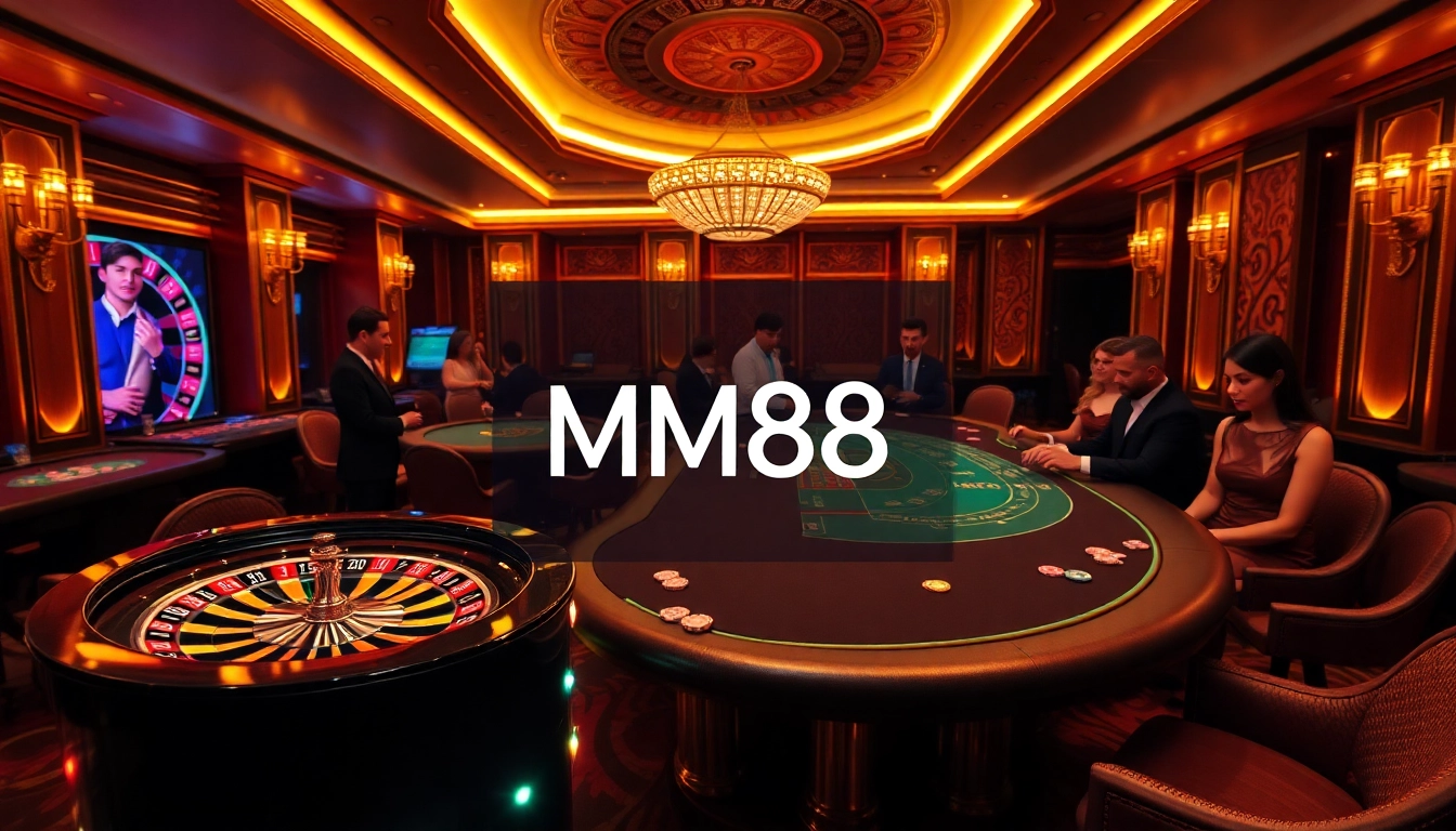 MM88 casino scene showcasing players at a vibrant roulette wheel and high-stakes blackjack table.