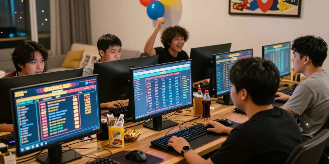 Excited players engaging in TOGEL ONLINE gaming at home with colorful screens and vibrant snacks.