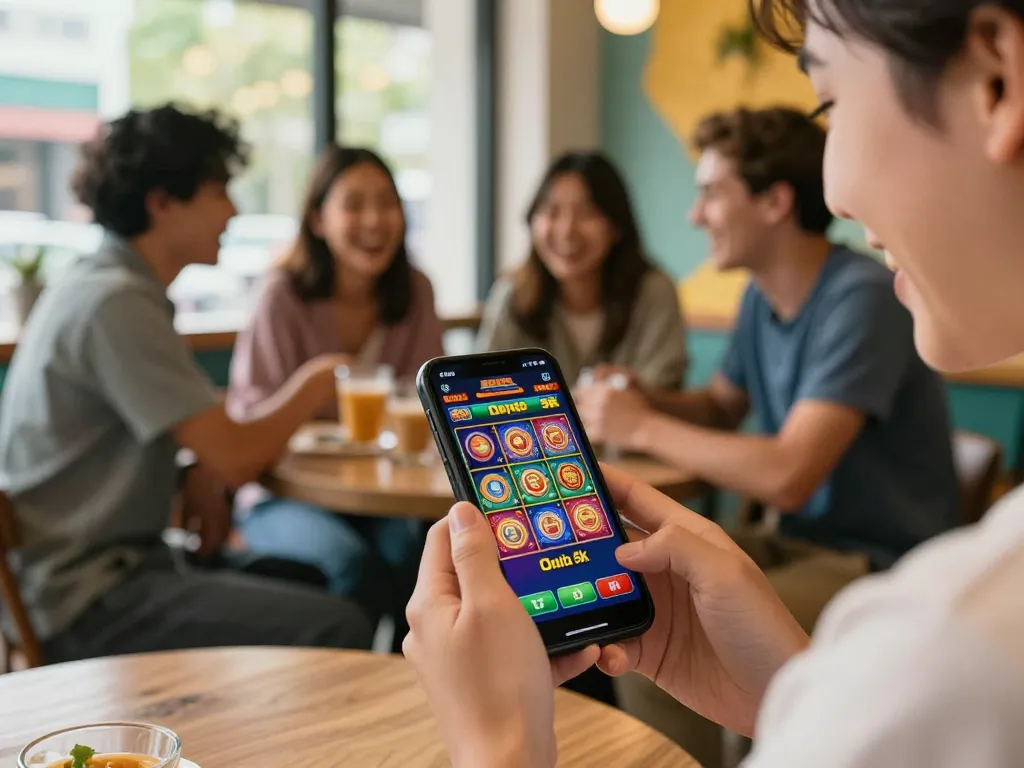 Engaging in slot depo 5k gaming on a smartphone with friends at a café, showcasing playful excitement.