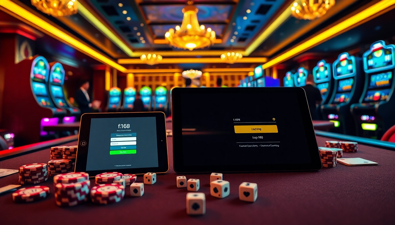 Experience the excitement of f168 đăng nhập with players at a luxurious casino table full of chips and cards.