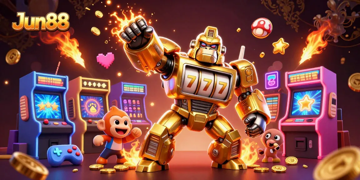 Jun88 transforms the gaming experience with a dynamic 3D illustration featuring a gorilla mech and arcade games.