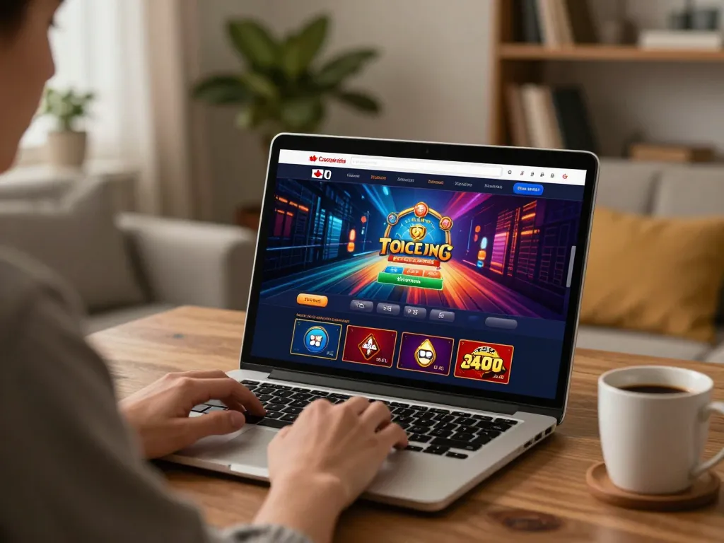 Engaging with Canadian online casinos at home, featuring interactive gaming on a laptop.