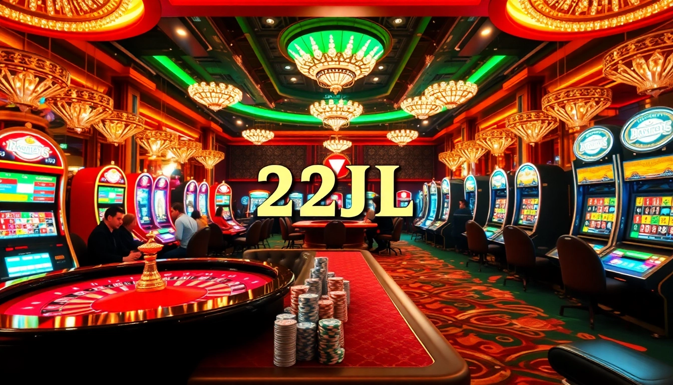 Players enjoying games in a vibrant casino atmosphere with 22JL branding visible on gaming interfaces.