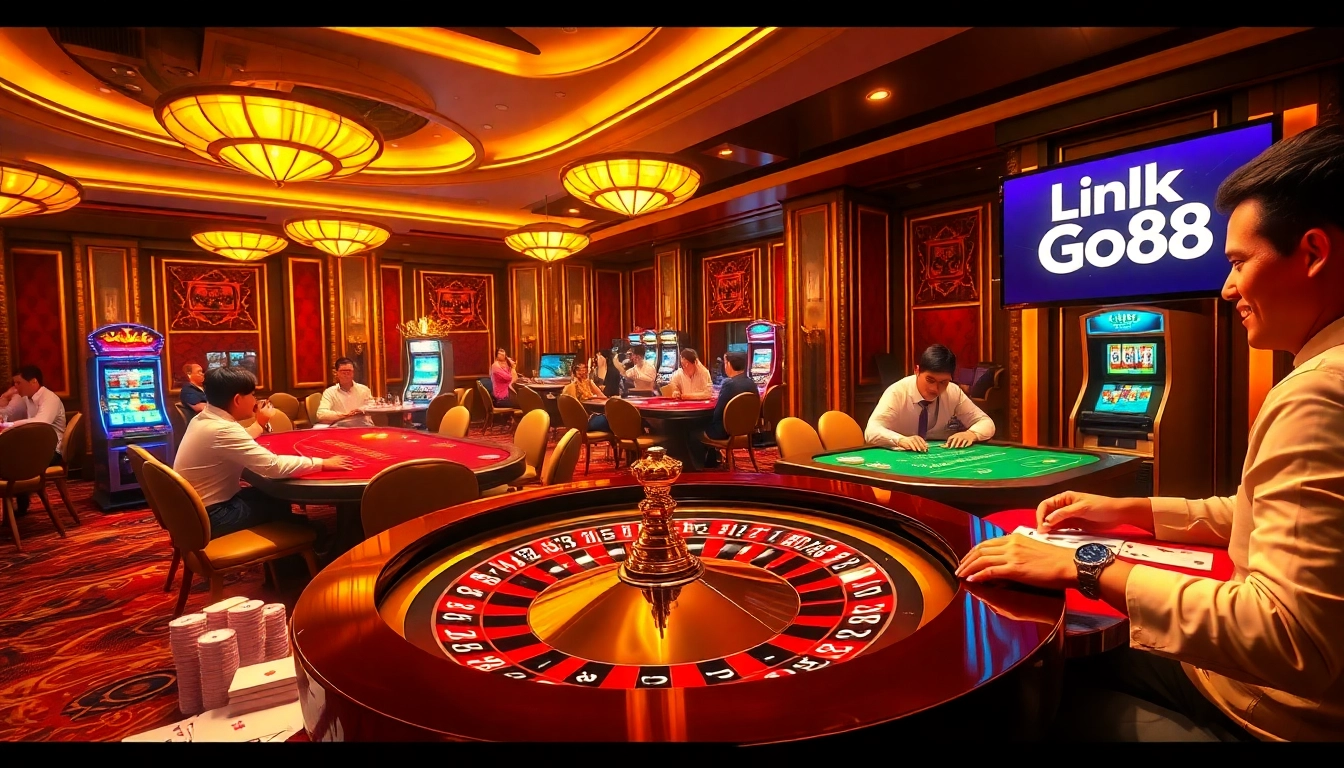 Experience excitement at the casino with Link Go88, featuring roulette, poker chips, and vibrant players.