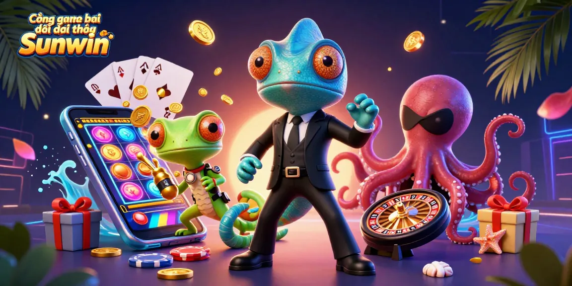 Cổng game bài đổi thưởng Sunwin with animated chameleon, gecko, and octopus enjoying dynamic casino games.