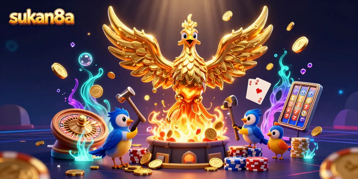 Sukan8a welcomes players with golden phoenix and vibrant casino game elements for thrilling action.