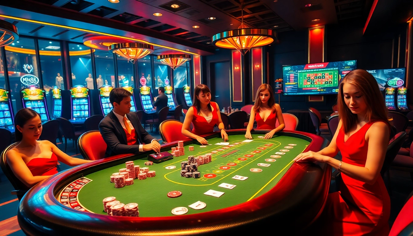 Experience the thrill of MM88 with a luxurious casino atmosphere featuring poker tables and vibrant slot machines.