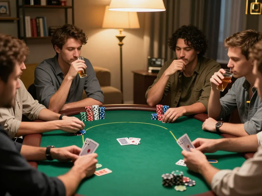 Players enjoy poker around a table during a cozy home game night focused on strategy 5679.