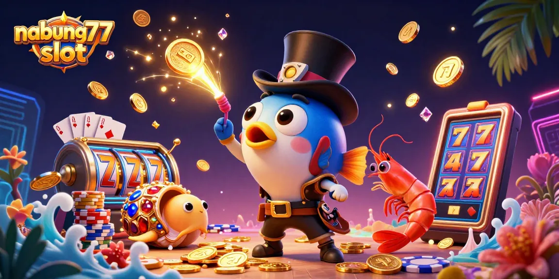 Engage with nabung77 slot featuring vibrant characters and dynamic casino elements in an exciting sea-themed illustration.