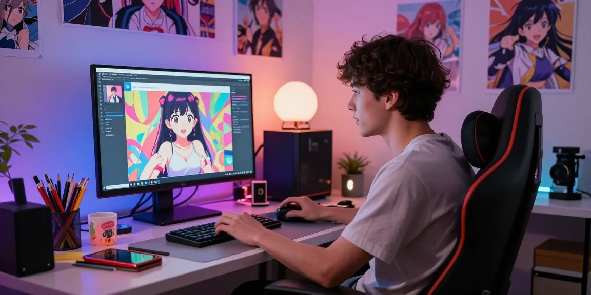 Engaging interaction with a hentai ai chatbot, showcasing vibrant anime artistry in a modern home office environment.