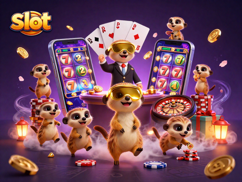 Experience vibrant slot gaming excitement with meerkat dealers in a lively casino scene.