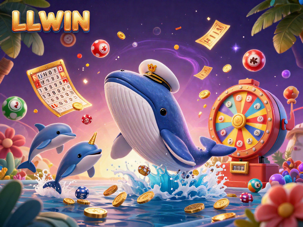 Experience the thrill of LLWIN with 3D cartoon characters in a vibrant casino scene featuring playful whales and dolphins.