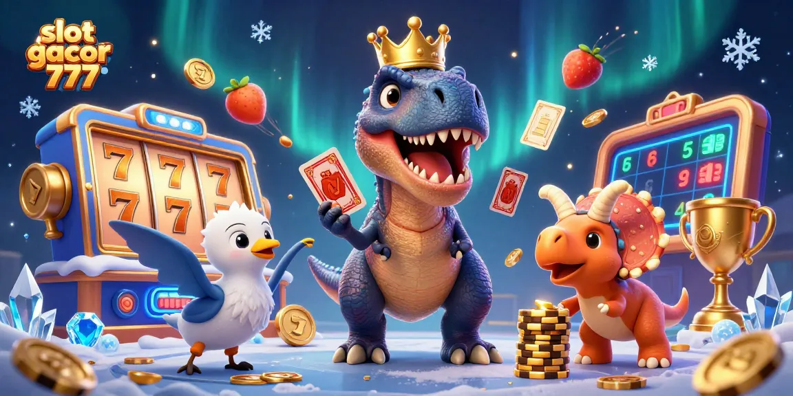 Slot gacor 777, ilustrasi kartun 3D penuh warna dengan dinosaurus dan chip emas.