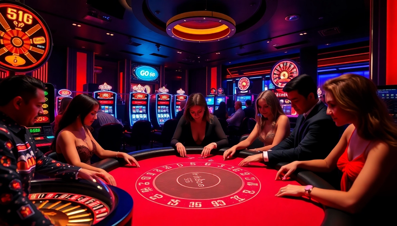 Engage in a thrilling go 88 igo experience at a glamorous casino table with vibrant lights and players.
