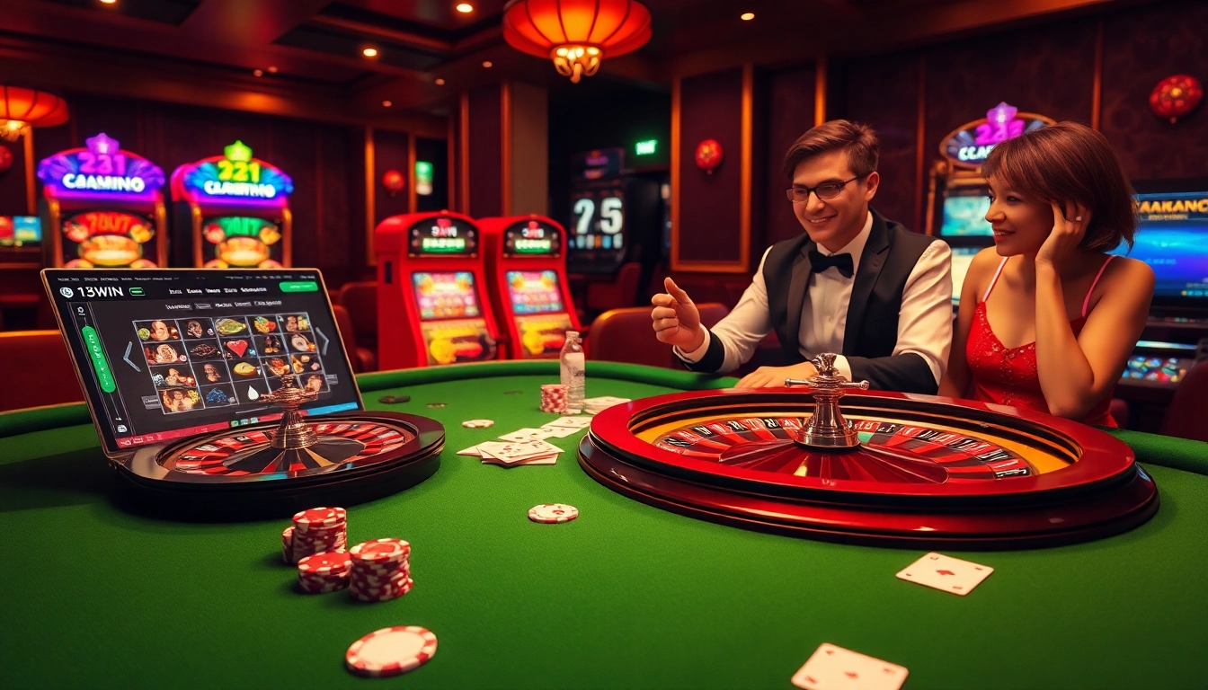 Experience the thrill of gaming with a luxurious 13win casino table showcasing roulette and poker chips.