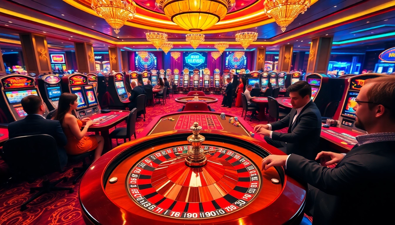 Experience the thrill of gaming with hm88 link at a luxurious casino featuring vibrant tables and slot machines.