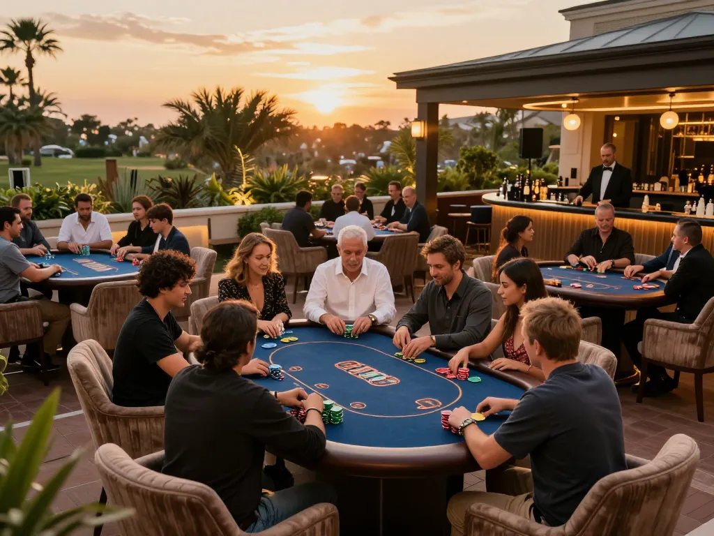 Playing poker at F88BET's luxurious outdoor terrace casino, capturing the thrill of high-stakes gameplay.