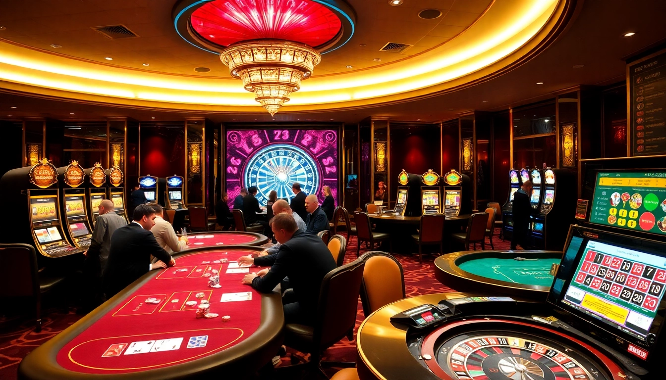 KJC casino gaming area with luxurious poker tables and vibrant slot machines.