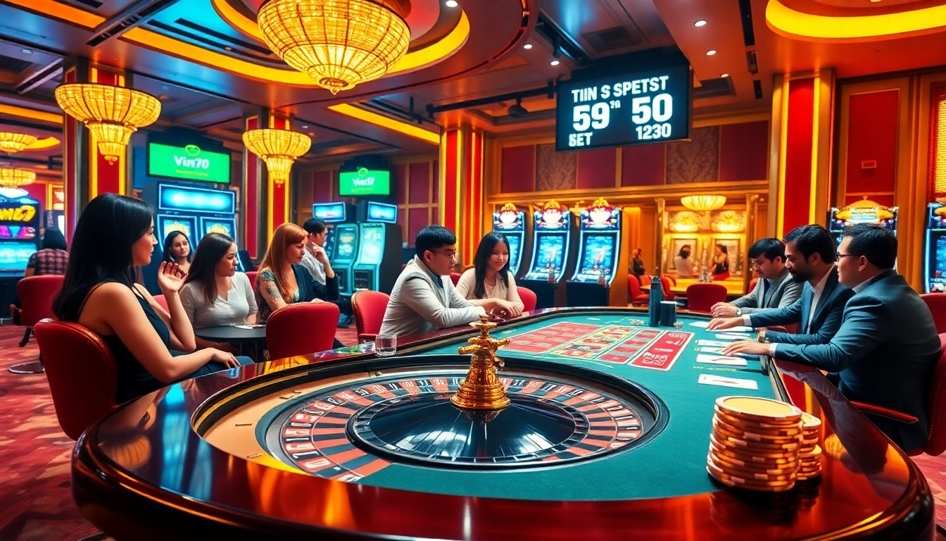 Players enjoying a thrilling game at Vin777 casino table, emphasizing excitement and engagement.