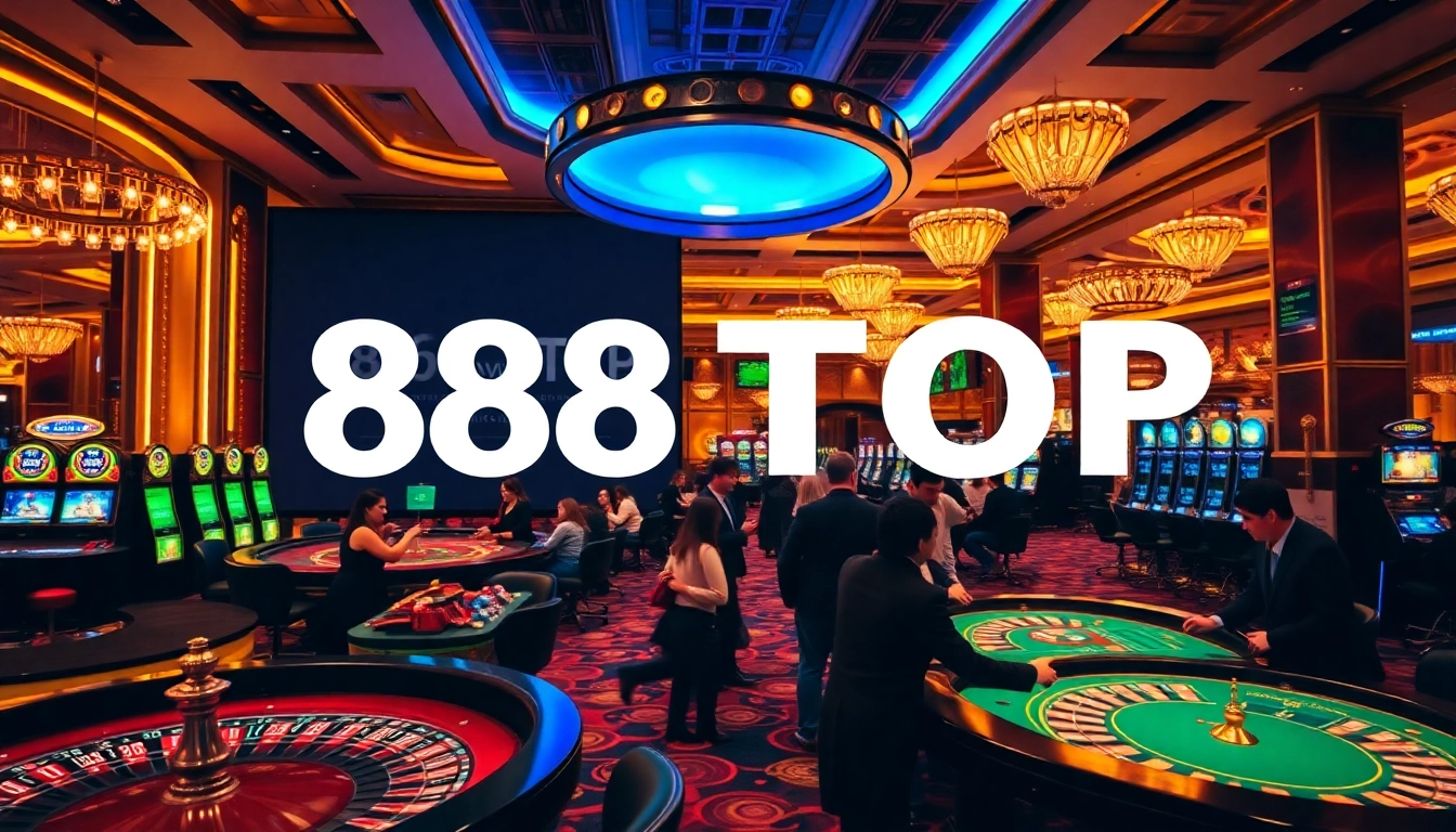 Players enjoying thrilling games at 888TOP casino with vibrant tables and slot machines.