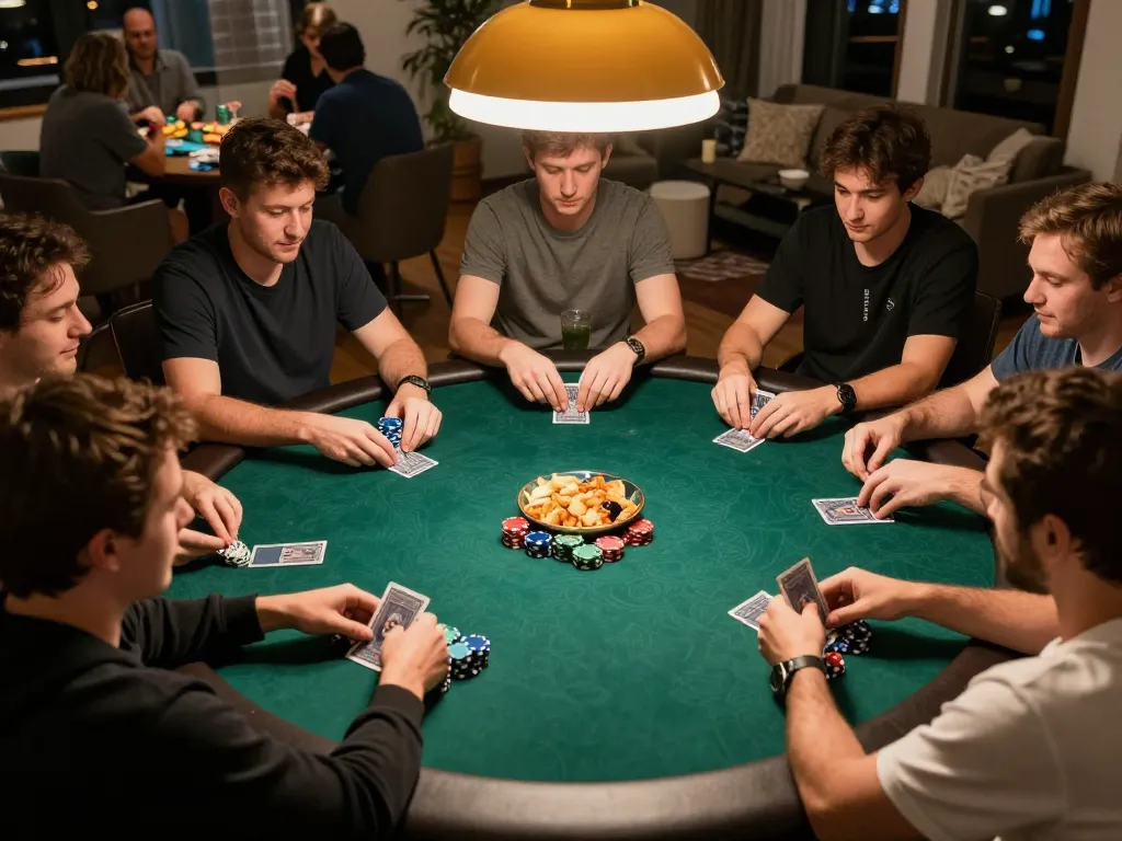 Engaged players enjoying a thrilling poker night at home, showcasing n188 gaming strategies amidst friendly competition