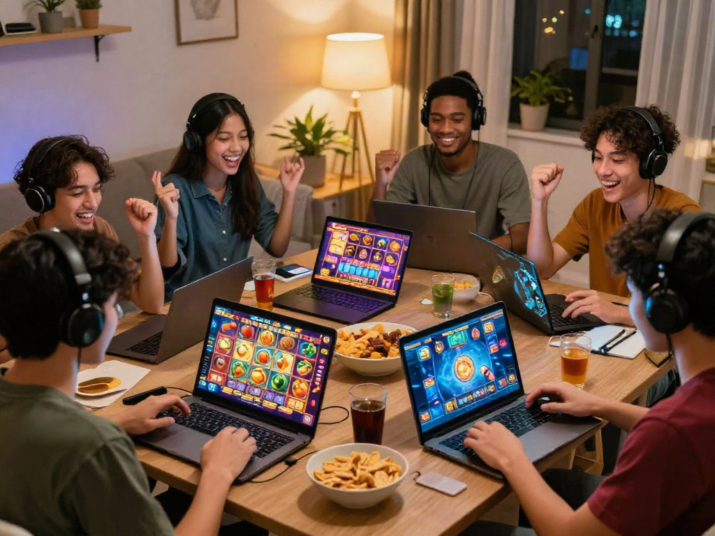 Players enjoying online slot games in a vibrant gaming atmosphere
