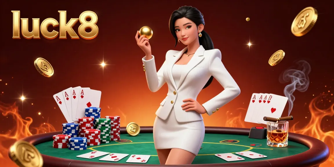 Experience excitement at luck8 with a stylish casino scene featuring rich details, poker chips, and a confident woman.