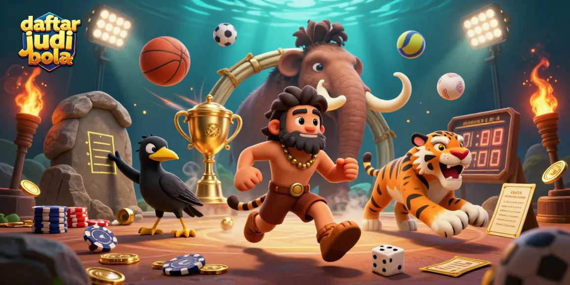 Engaging scene with daftar judi bola showcasing an adventurous caveman, a sabertooth tiger, and a clever crow in a prehistoric casino.