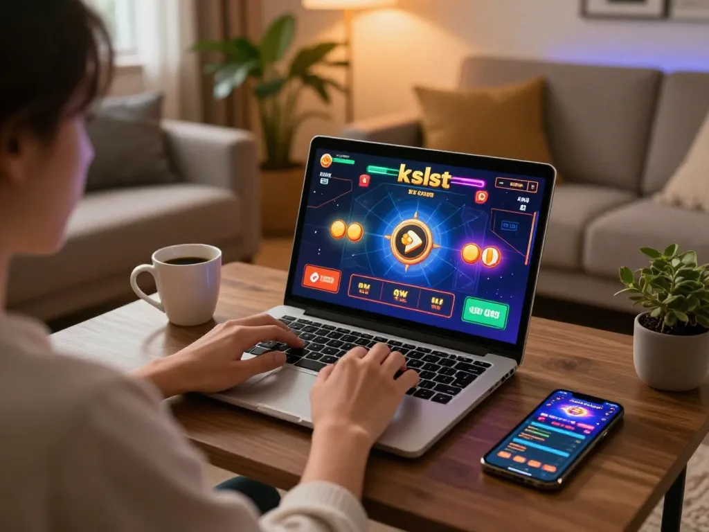 Person engaging in kdslot gameplay on a laptop, showcasing vibrant online casino atmosphere at home.