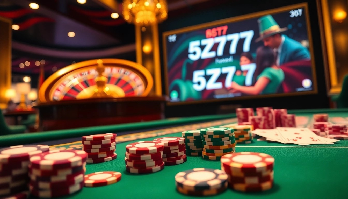 Experience the excitement of 5Z777 at a luxurious casino gaming table with poker chips and cards.