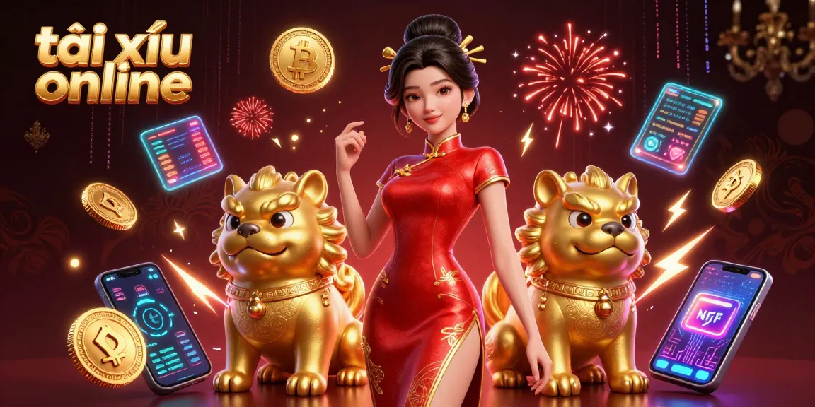 Experience the thrill of tài xỉu online with glamorous Asian woman amid dazzling game elements.