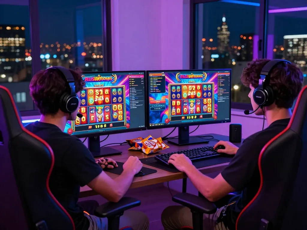 Excited player enjoying rusuntogel slots in a vibrant gaming setup.