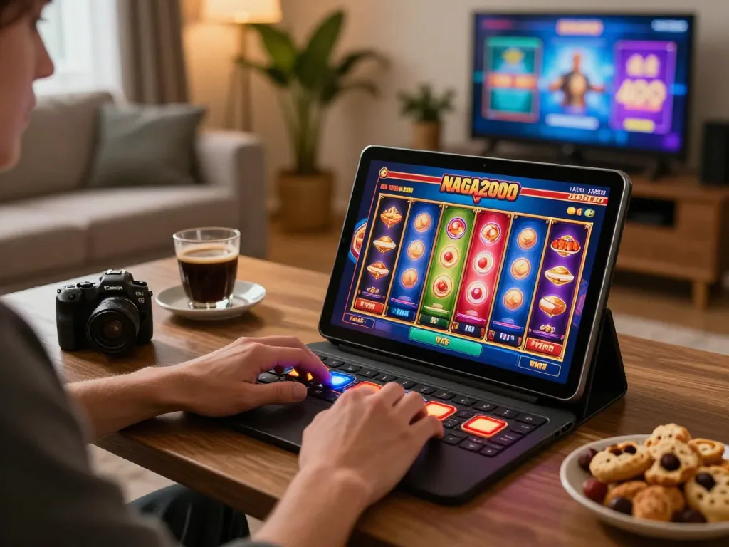 NAGA2000 player enjoying slot games on a tablet in a cozy home setting.